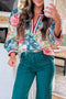 Contrast Trim V Neck Cuffed Bracelet Sleeve Floral Blouse