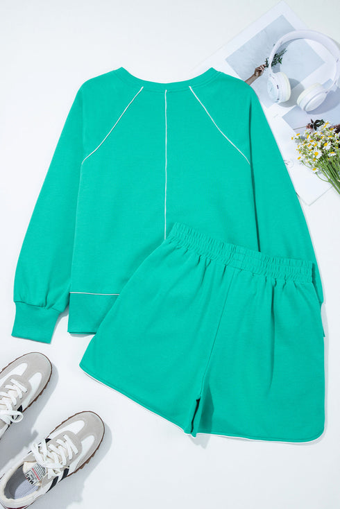 Contrast Trim V Neck Pullover Top Matching Short Sets