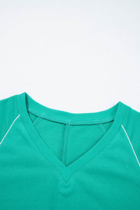 Contrast Trim V Neck Pullover Top Matching Short Sets
