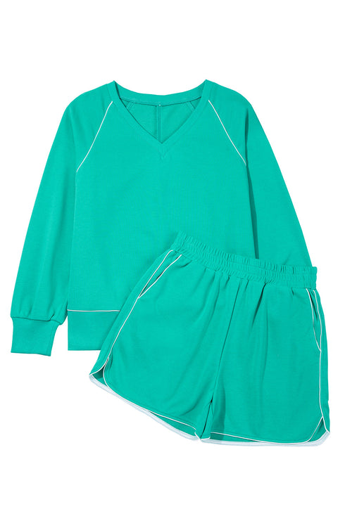 Contrast Trim V Neck Pullover Top Matching Short Sets
