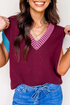 Contrast Trim V Neck Short Sleeve Knit Sweater