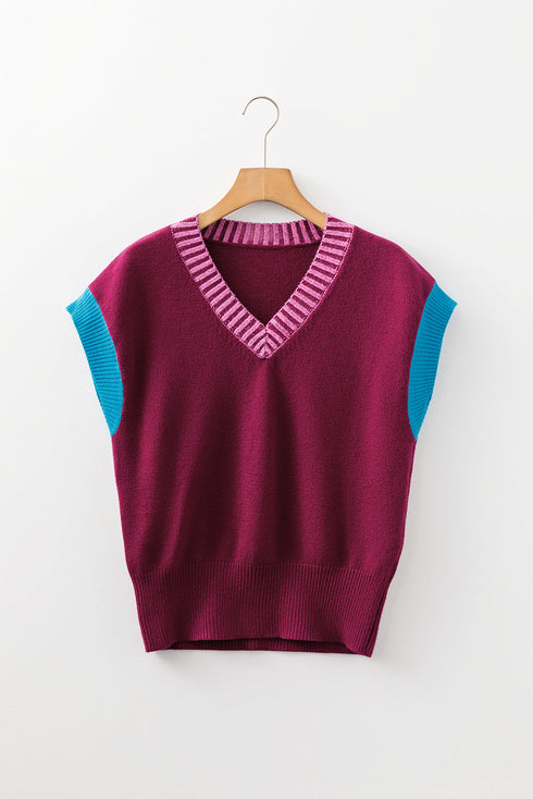 Contrast Trim V Neck Short Sleeve Knit Sweater