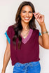Contrast Trim V Neck Short Sleeve Knit Sweater
