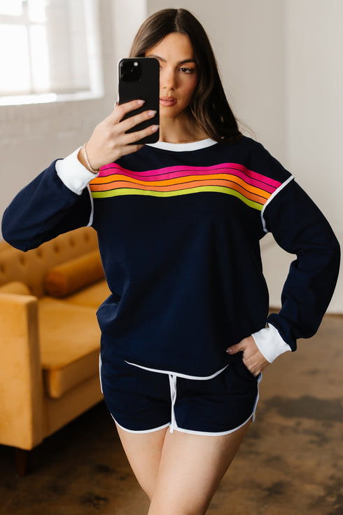 Contrast Trim Varsity Striped Long Sleeve Short Set