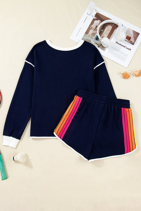 Contrast Trim Varsity Striped Long Sleeve Short Set