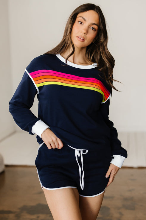 Contrast Trim Varsity Striped Long Sleeve Short Set