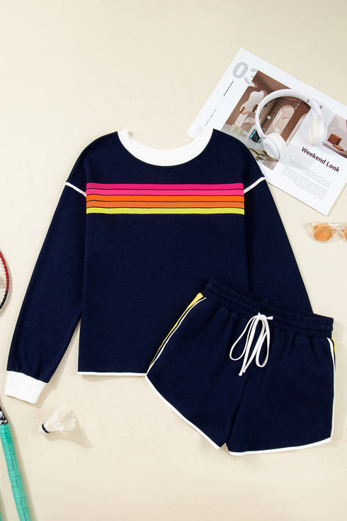 Contrast Trim Varsity Striped Long Sleeve Short Set