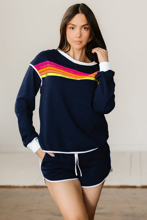 Contrast Trim Varsity Striped Long Sleeve Short Set
