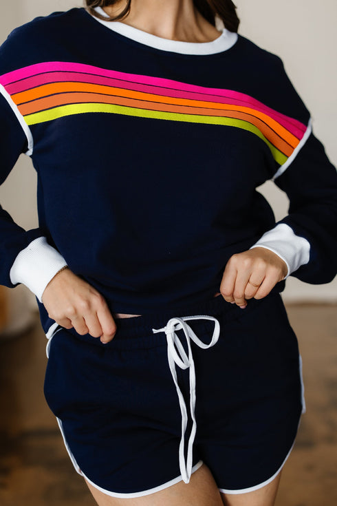 Contrast Trim Varsity Striped Long Sleeve Short Set
