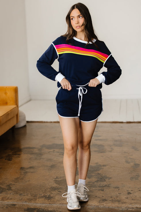 Contrast Trim Varsity Striped Long Sleeve Short Set