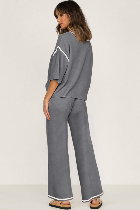 Contrast Trim Waffle Knit Wide Leg Two Piece Set