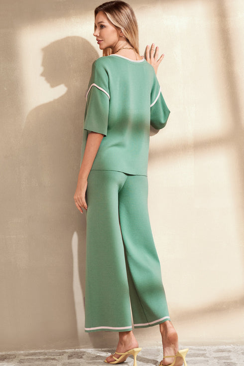 Contrast Trim Waffle Knit Wide Leg Two Piece Set
