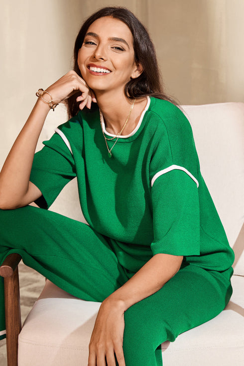 Contrast Trim Waffle Knit Wide Leg Two Piece Set