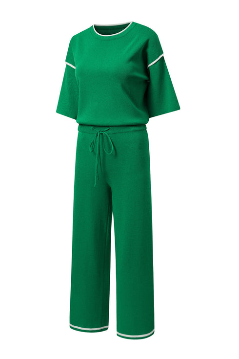 Contrast Trim Waffle Knit Wide Leg Two Piece Set