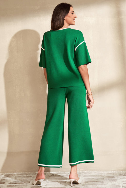 Contrast Trim Waffle Knit Wide Leg Two Piece Set