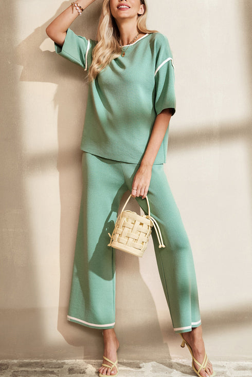 Contrast Trim Waffle Knit Wide Leg Two Piece Set