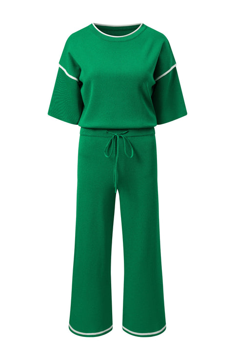 Contrast Trim Waffle Knit Wide Leg Two Piece Set