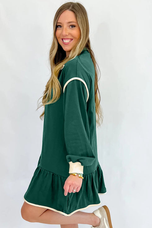 Contrast Trim Zip Collar Long Sleeve Ruffle Mini Dress