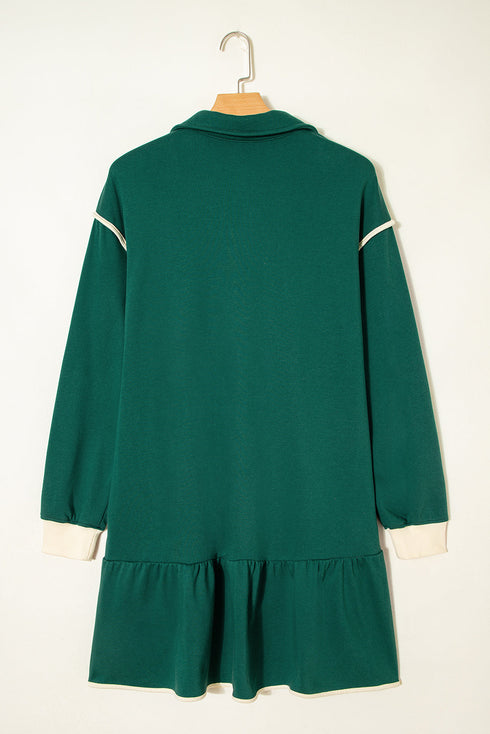 Contrast Trim Zip Collar Long Sleeve Ruffle Mini Dress