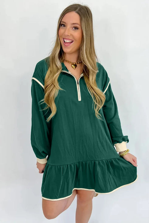 Contrast Trim Zip Collar Long Sleeve Ruffle Mini Dress