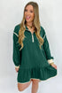 Contrast Trim Zip Collar Long Sleeve Ruffle Mini Dress