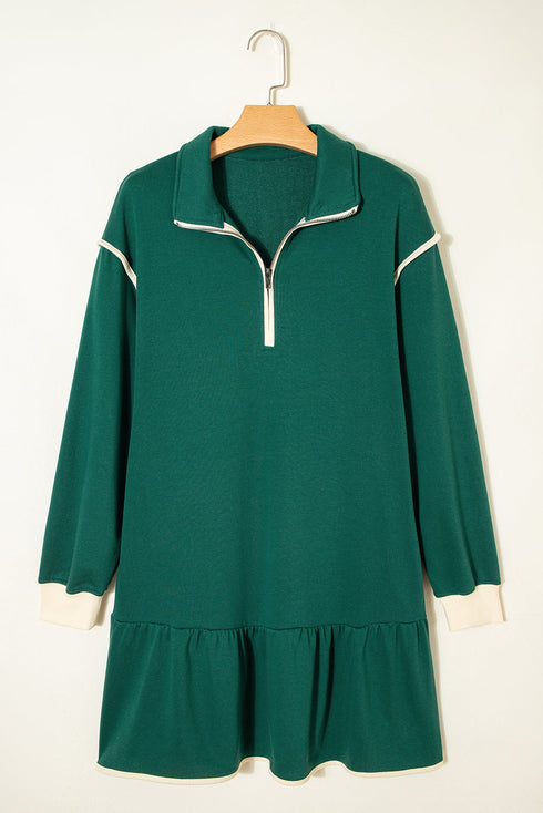 Contrast Trim Zip Collar Long Sleeve Ruffle Mini Dress