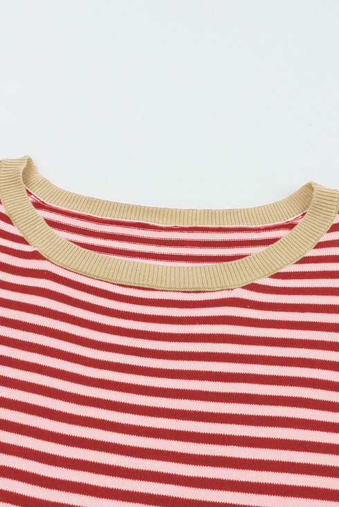 Contrast Trimmed Striped Drop Shoulder Sweater