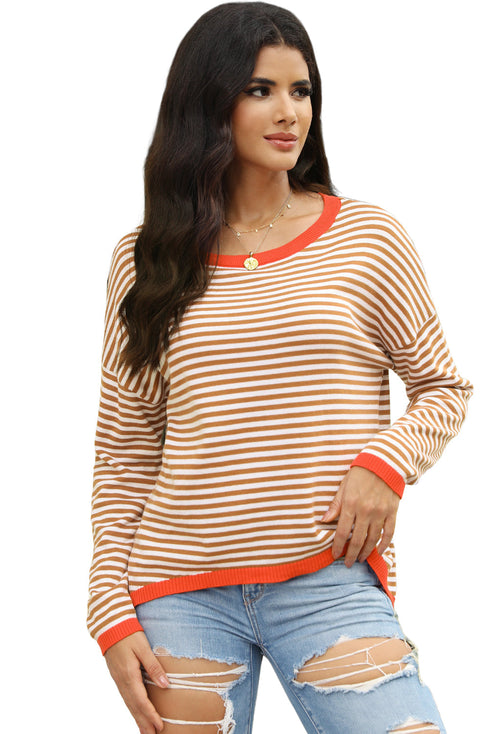 Contrast Trimmed Striped Drop Shoulder Sweater