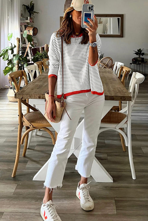 Contrast Trimmed Striped Drop Shoulder Sweater