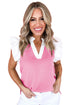 Contrast V Neck Ruffled Textured Knit Top