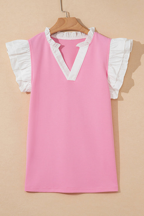 Contrast V Neck Ruffled Textured Knit Top