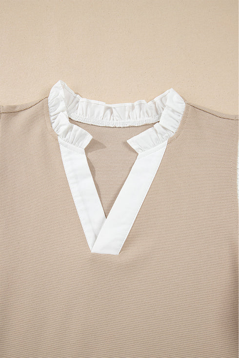 Contrast V Neck Ruffled Textured Knit Top