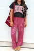 Contrasted Checkered Letter Print V Neck Tee Pant Set