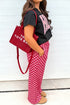 Contrasted Checkered Letter Print V Neck Tee Pant Set