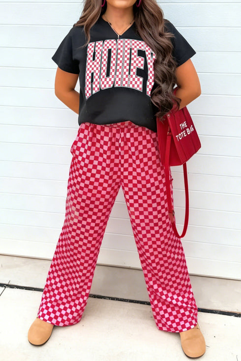 Contrasted Checkered Letter Print V Neck Tee Pant Set