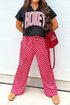 Contrasted Checkered Letter Print V Neck Tee Pant Set