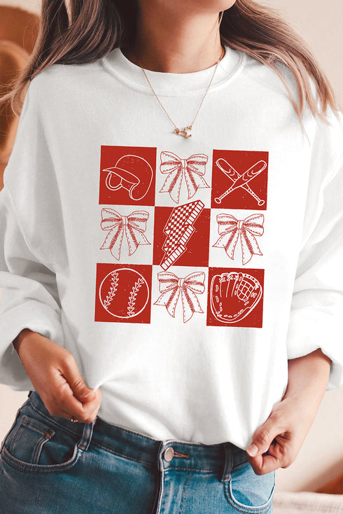 Coquette Baseball And Bows Grid Graphic Pullover Sweatshirt