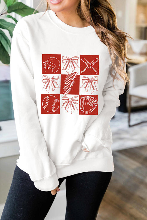 Coquette Baseball And Bows Grid Graphic Pullover Sweatshirt