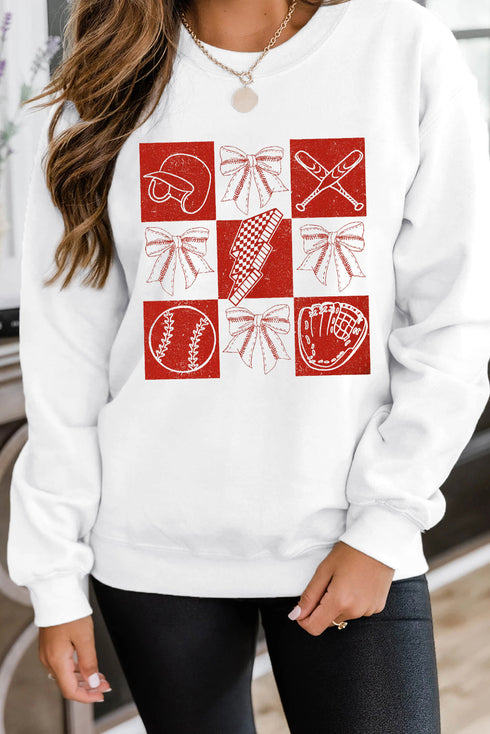 Coquette Baseball And Bows Grid Graphic Pullover Sweatshirt