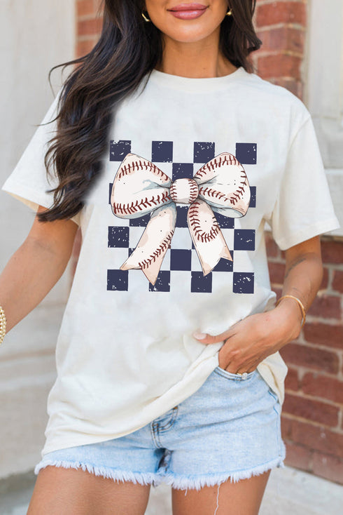 Coquette Baseball Stitch Bow Checkered Background Graphic Tee