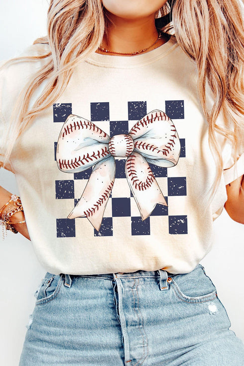 Coquette Baseball Stitch Bow Checkered Background Graphic Tee