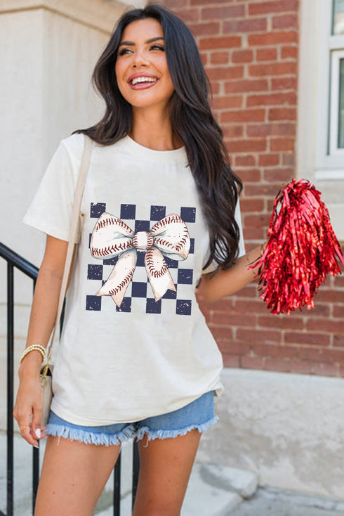 Coquette Baseball Stitch Bow Checkered Background Graphic Tee