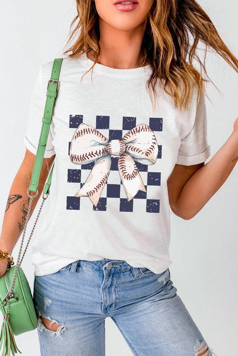 Coquette Baseball Stitch Bow Checkered Background Graphic Tee