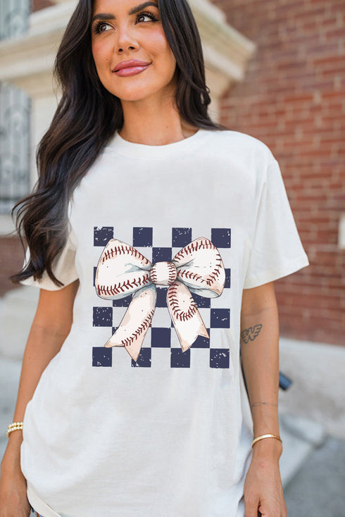Coquette Baseball Stitch Bow Checkered Background Graphic Tee