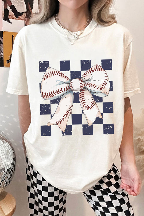 Coquette Baseball Stitch Bow Checkered Background Graphic Tee