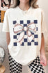 Coquette Baseball Stitch Bow Checkered Background Graphic Tee