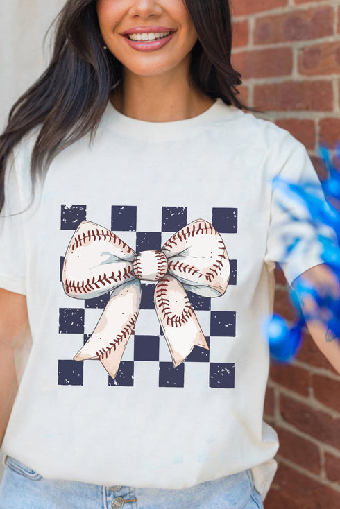 Coquette Baseball Stitch Bow Checkered Background Graphic Tee