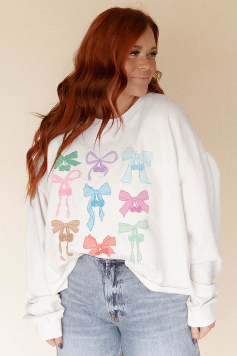 Coquette Bow And Cherry Raw Hem Sweatshirt