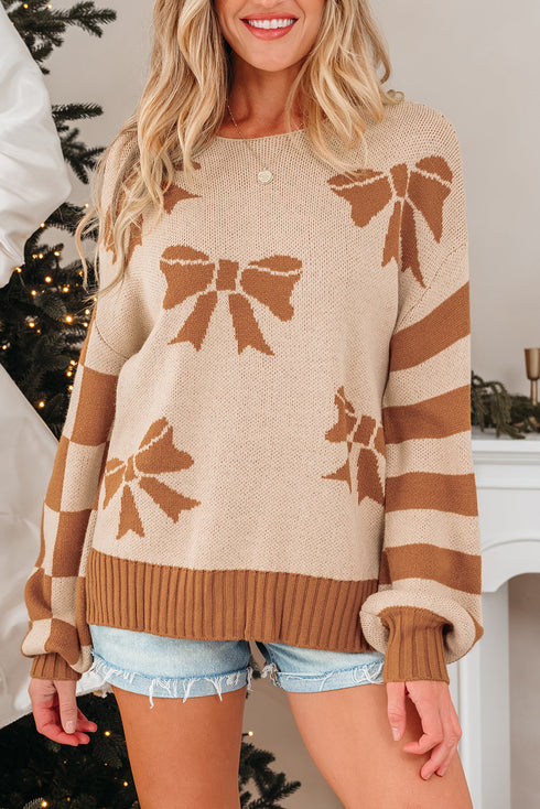 Coquette Bow Pattern Striped Sleeve Knit Sweater