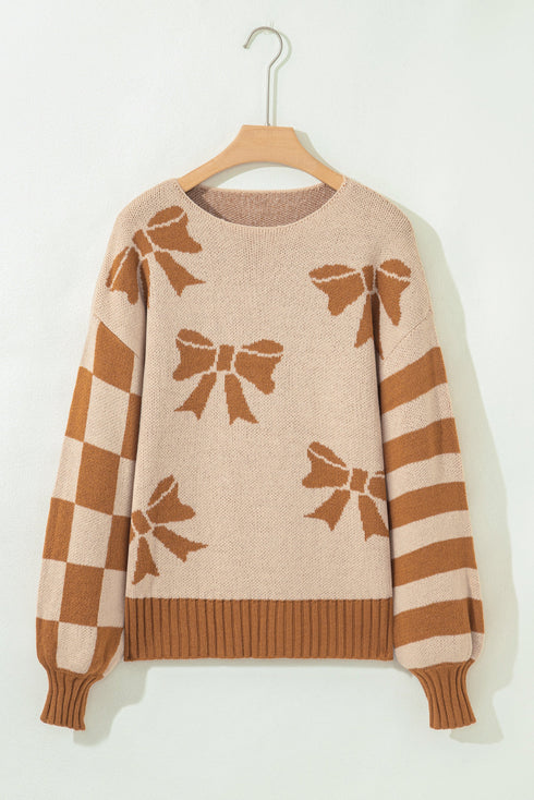 Coquette Bow Pattern Striped Sleeve Knit Sweater
